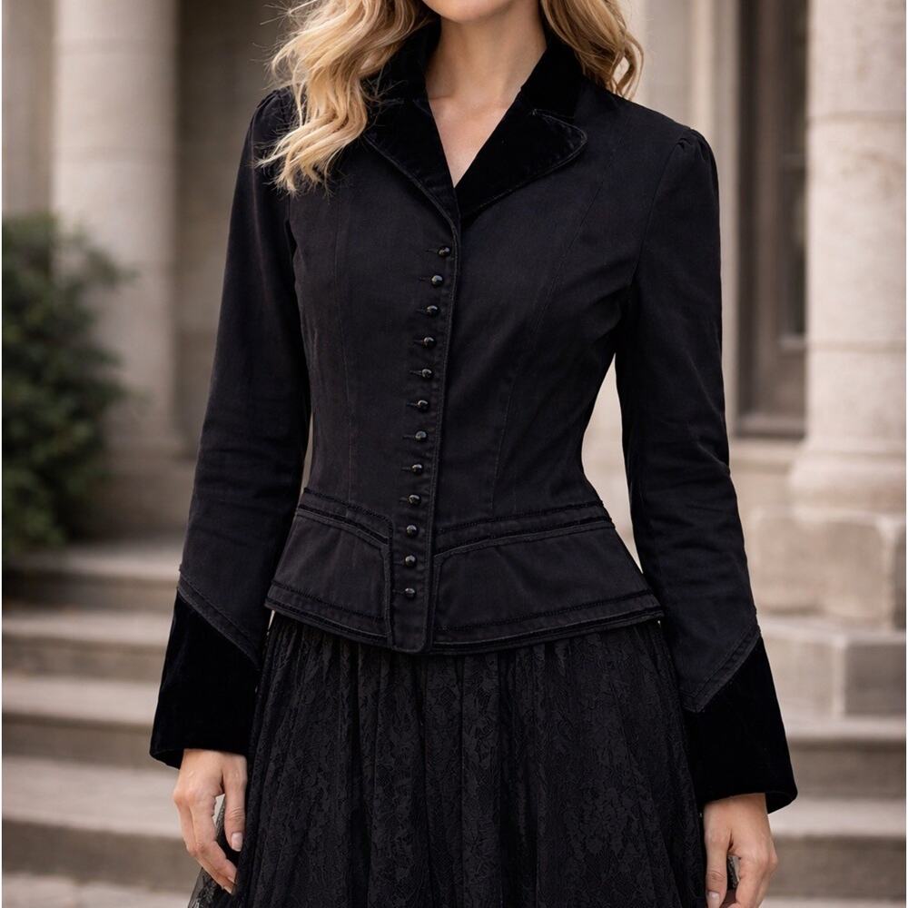 Lauren Ralph Lauren Black Denim Velvet Military Jacket Women's Size L Victorian